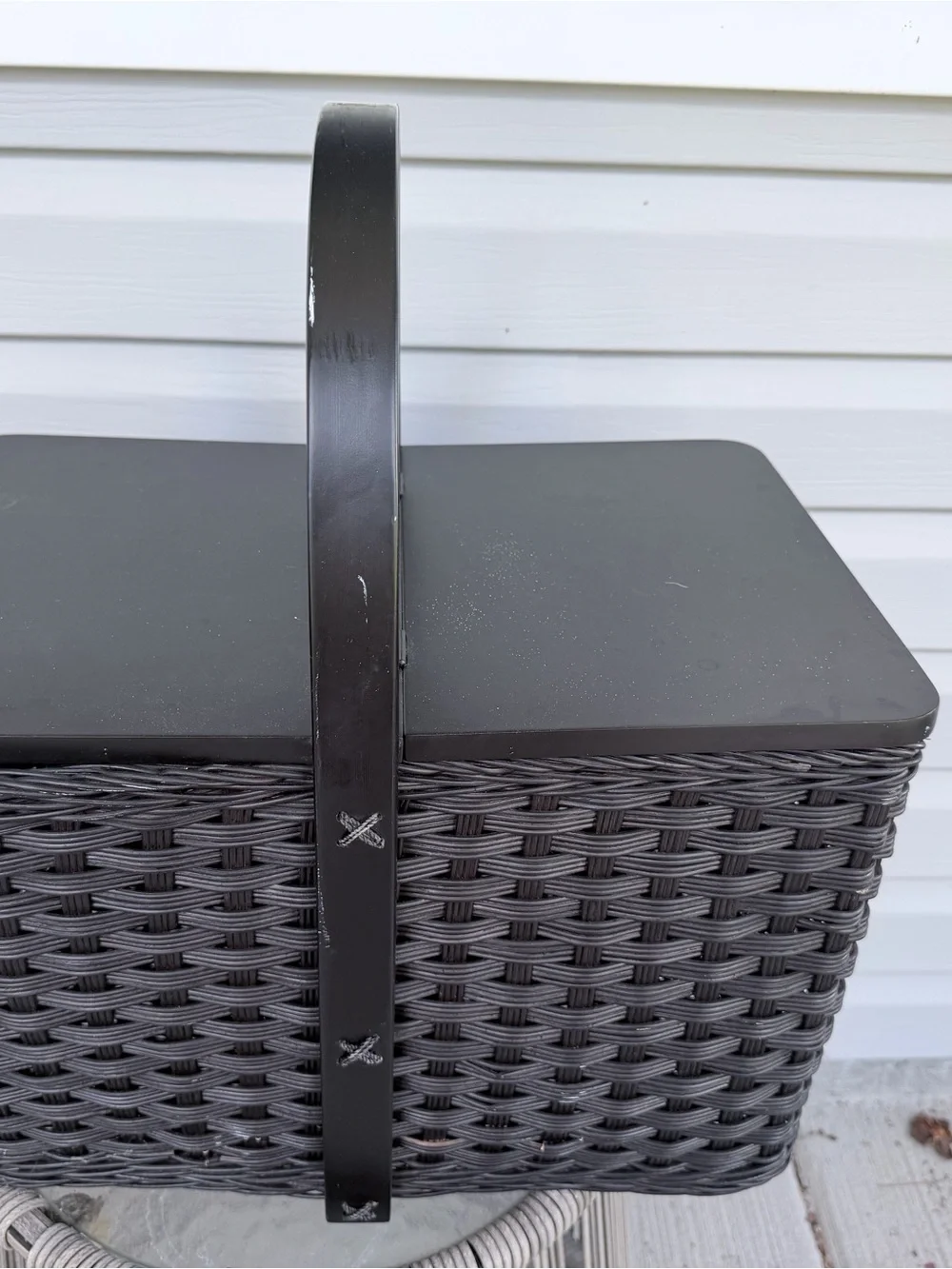 Gothic black picnic basket with wooden handle and wooden lid by pottery barn
